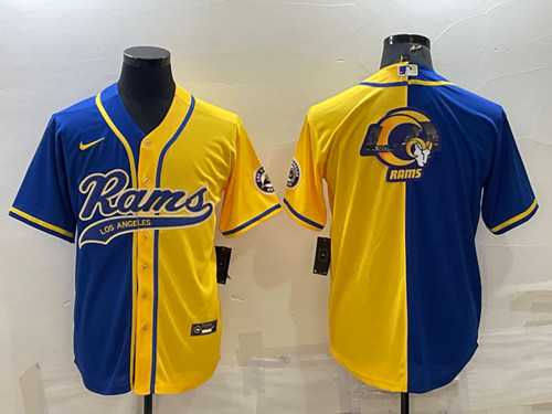 Mens Los Angeles Rams Royal Yellow Split Team Big Logo With Patch Cool Base Stitched Baseball Jersey